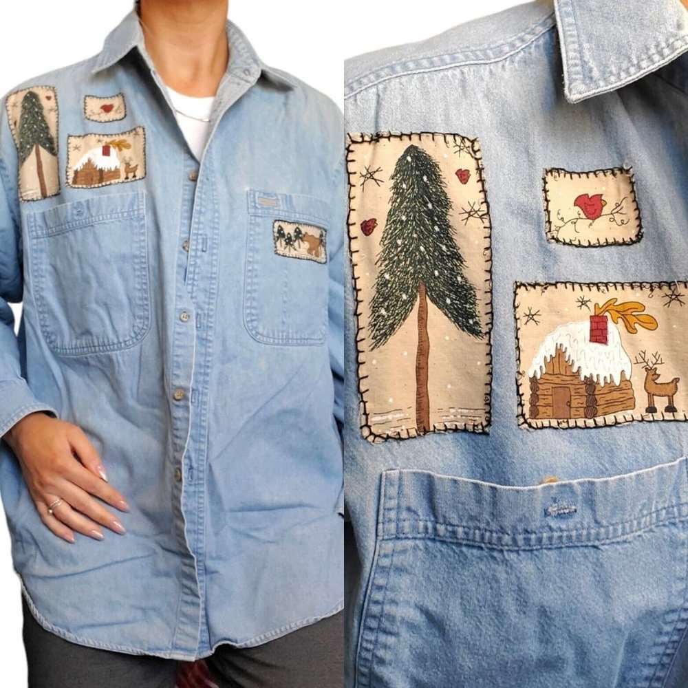Vintage 90s Womens Denim Button Down Shirt Winter Cabin Lodge Appliques XL